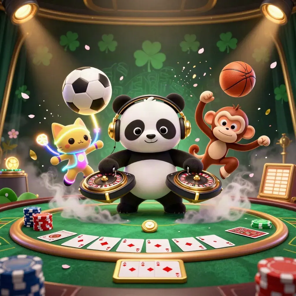 Casino cartoon animals play amid poker chips, roulette wheels, and sports balls under stadium lights.
