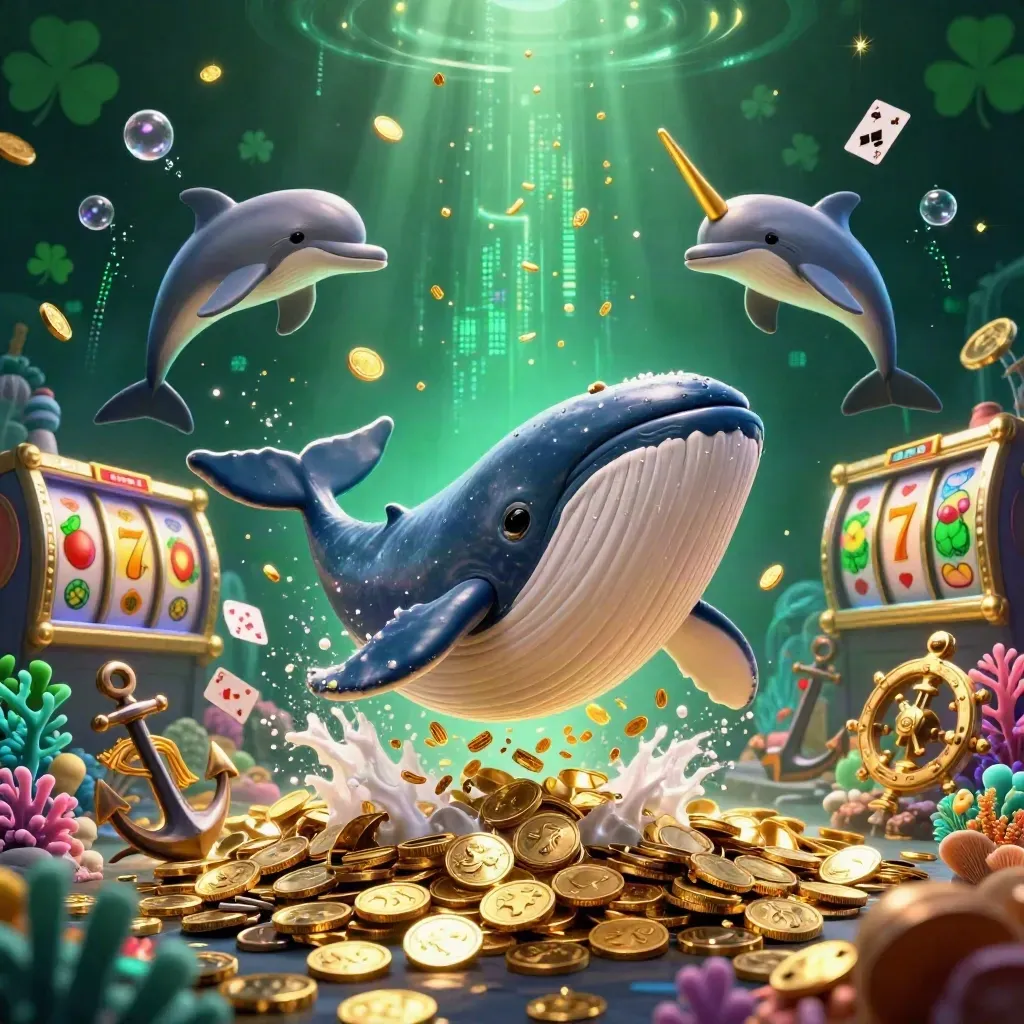 Captain whale, narwhal, and dolphins burst through coins in an emerald casino treasure cove.