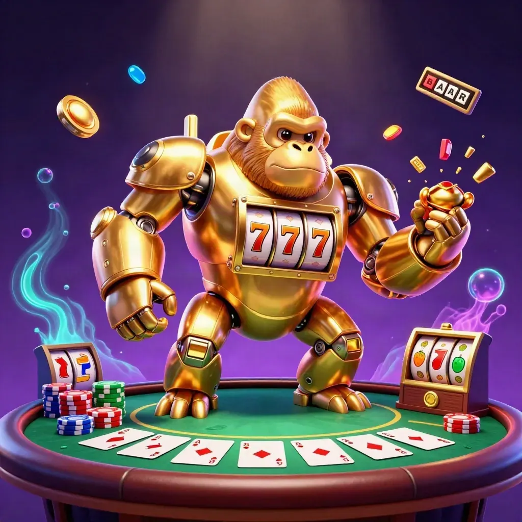 Golden gorilla slot mech with monkey pilot bursts from chips, cards, gems and neon casino light.