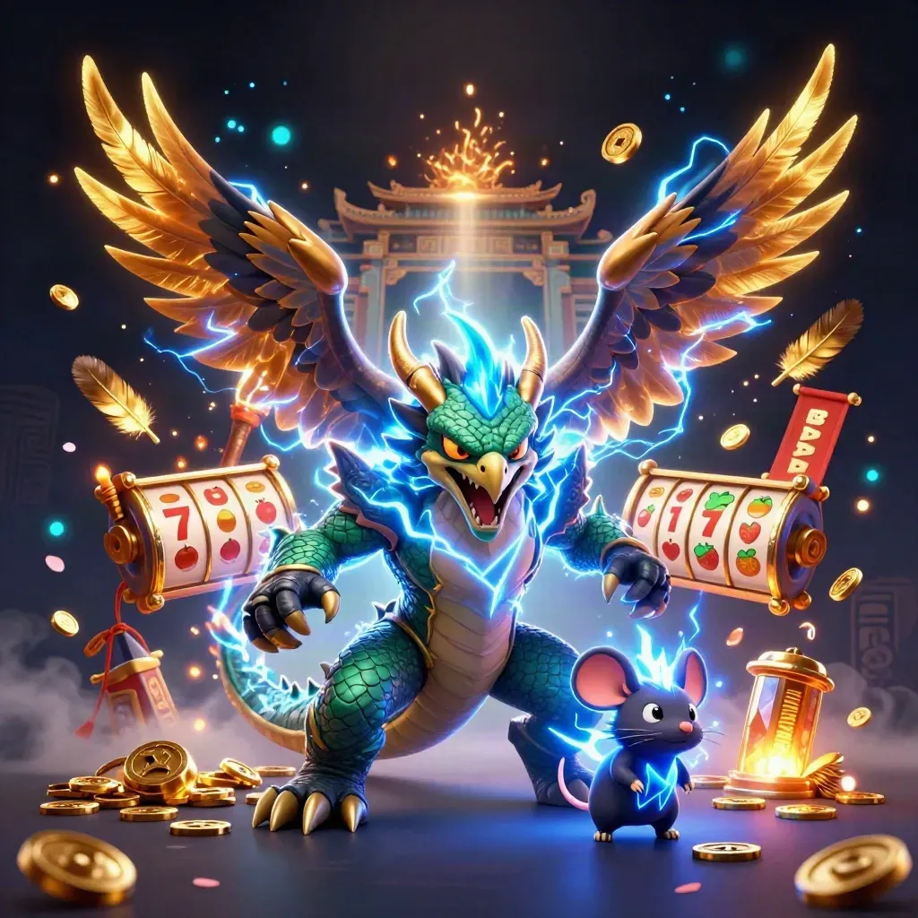 Thunder dragon, wind hawk, and static mouse amid casino symbols in a neon temple storm.
