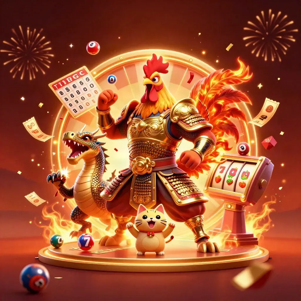 Rooster warrior, dragon hatchling and fortune-cat amid casino bursts and fiery jackpots.